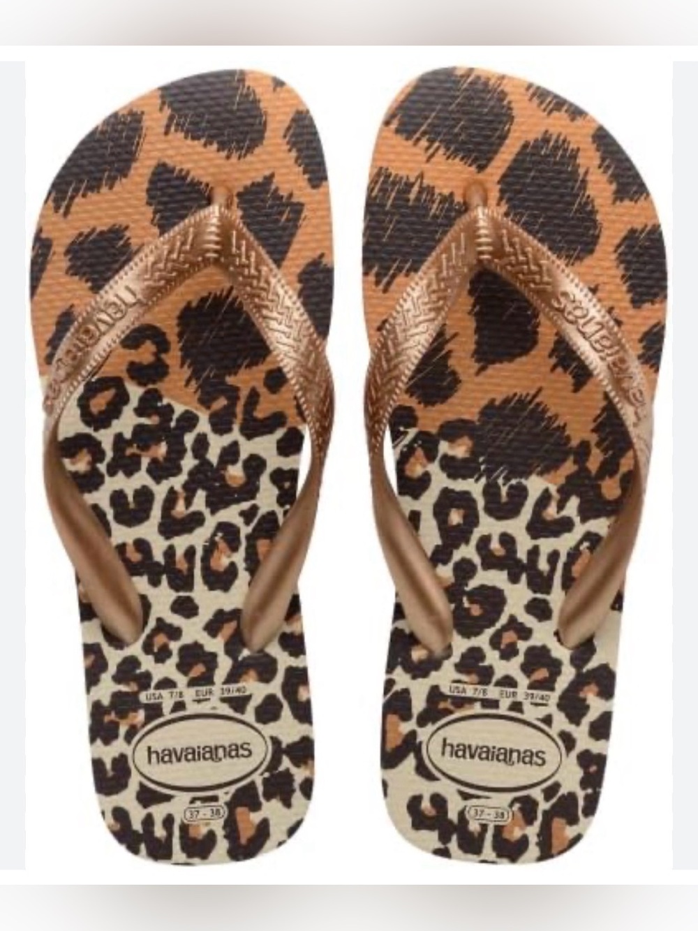 Wild Havaianas Black Cream Metallic Gold Leopard Animal Print Flip Flop Sz 7 / 8
